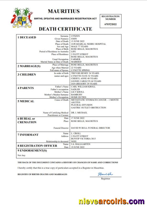 Mauritius death certificate